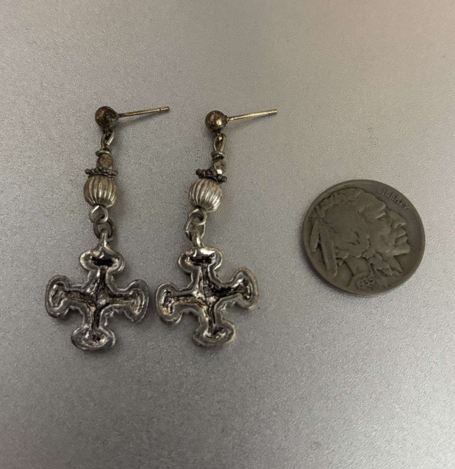 Silver tone cross Pierced earrings with Purple, Green, Black Enamel