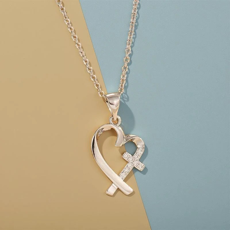 Silver Heart Cross Pendant Necklace Christian Jewelry Gift Women, Love Chain