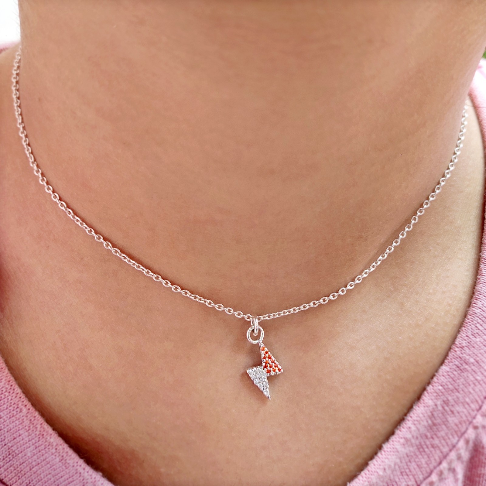 Orange Sapphire Lightning Bolt Charm Pendant Two Tone Sterling Silver Jewelry