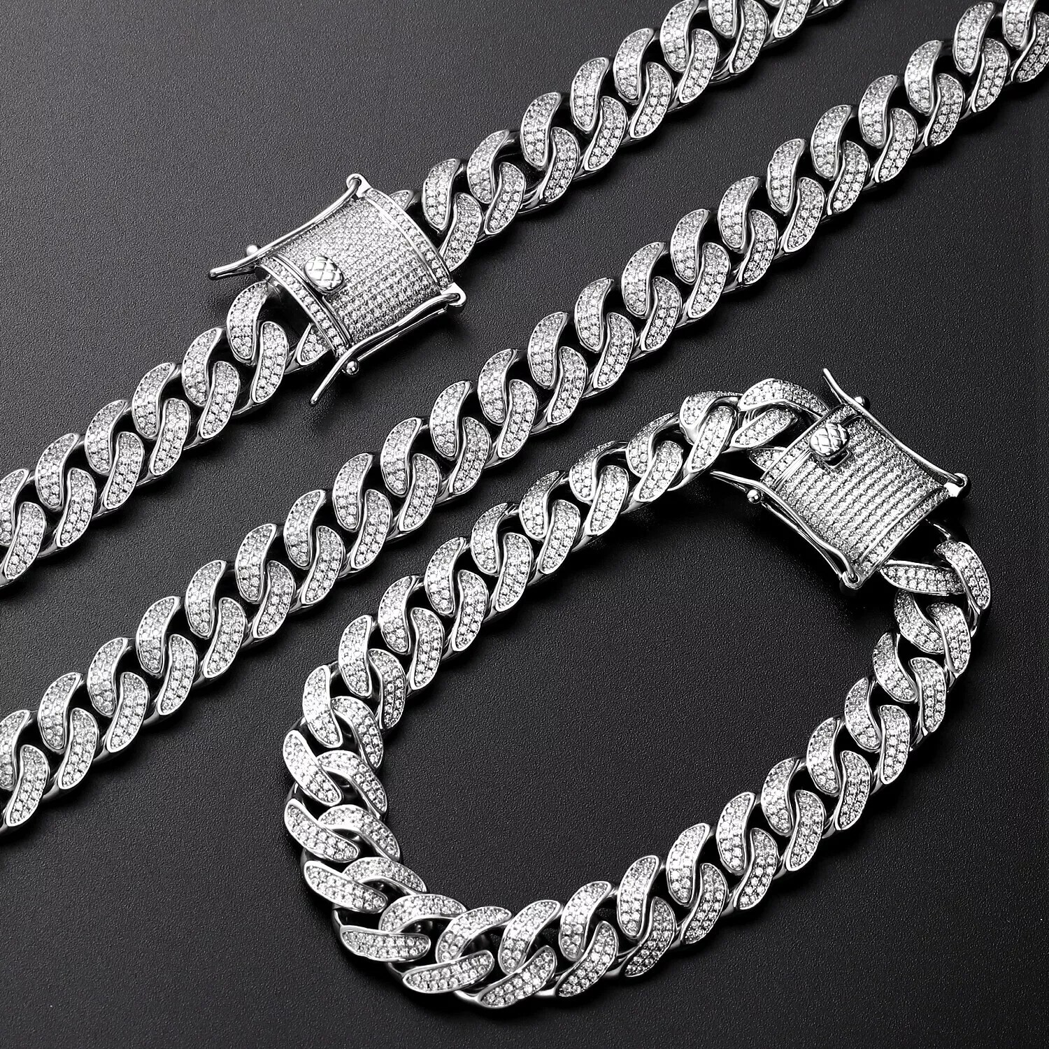 12MM White Gold Plated Iced CZ Out Miami Cuban Link Bracelet & Chain Combo Set