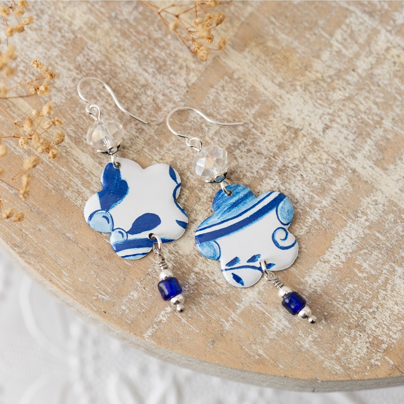 Blue White Earrings Vintage Tin Glass Beads Silver Elegant Handmade Gift