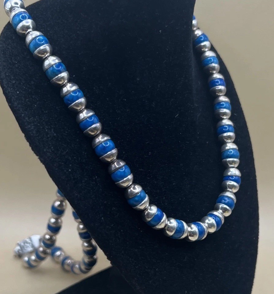 Taxco Mexico Blue Turquoise Bead Set Sterling Silver Necklace 22.5in (55.1g)