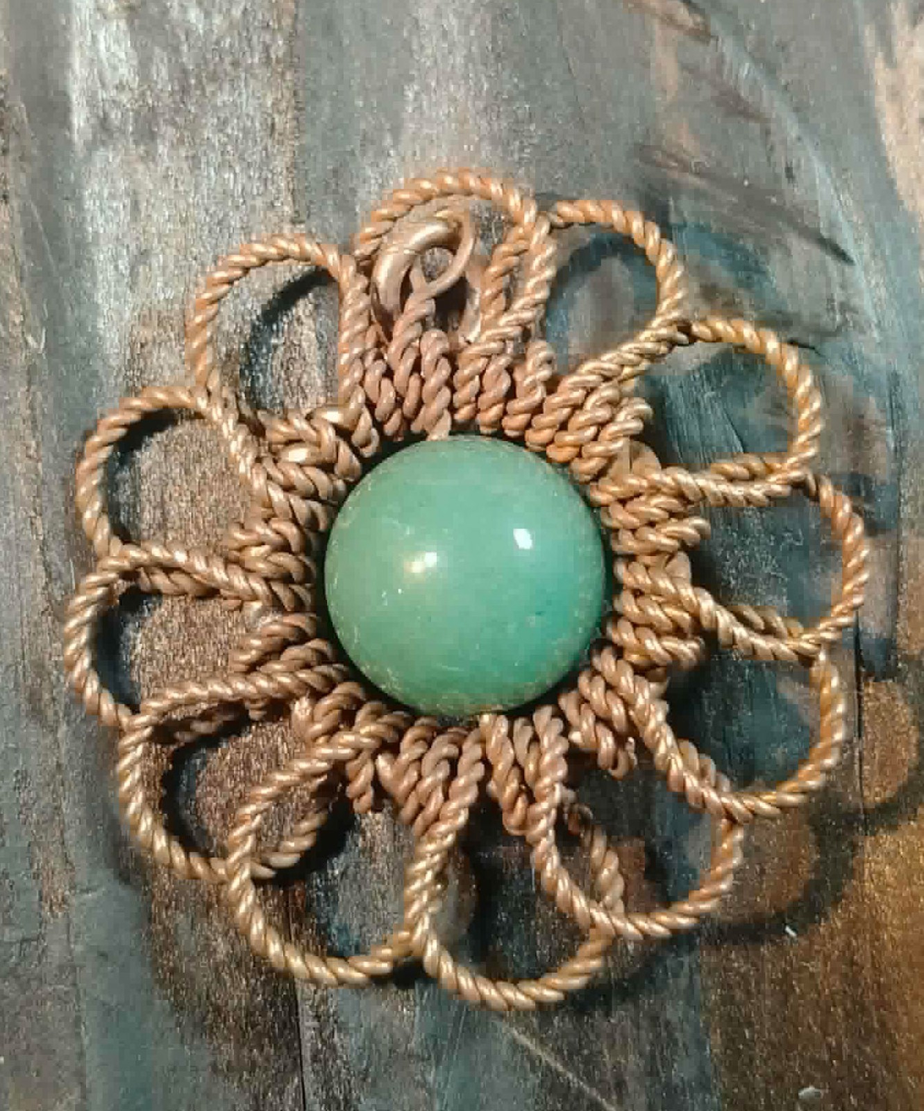 Flower Pendant Daisy Copper Wire Wrapped Green Aventurine Lucky Jewelry #PM4