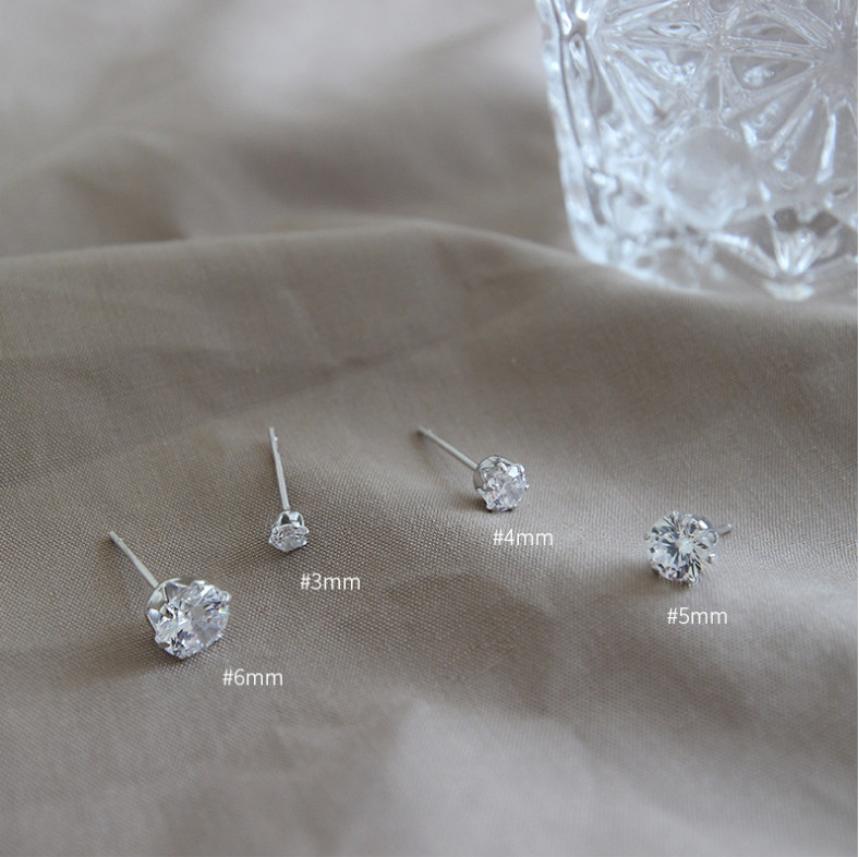 Six-Prong Setting 925 Sterling Silver Round CZ Studs Earrings 3/4/5/6mm A35
