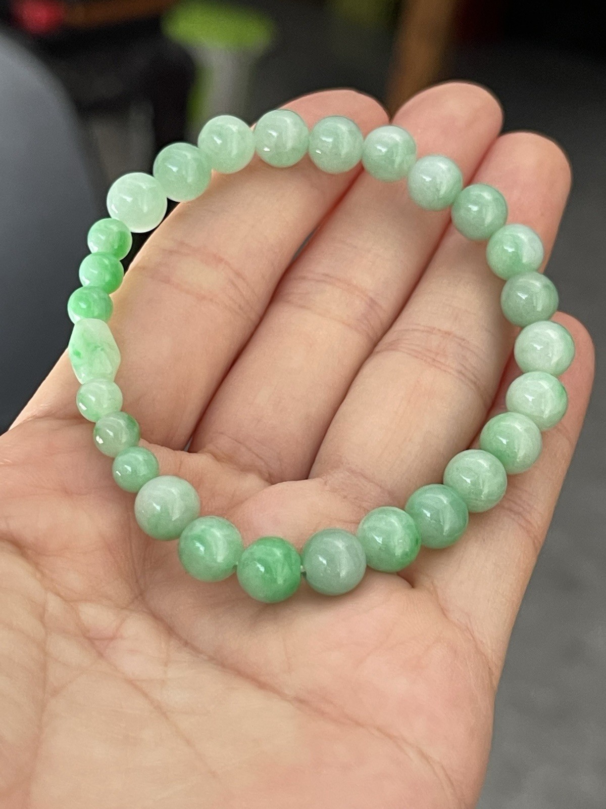 Natural Type A Burmese Jadeite Bracelet 15cm Apple Green 7.4-7.6mm Round Beads