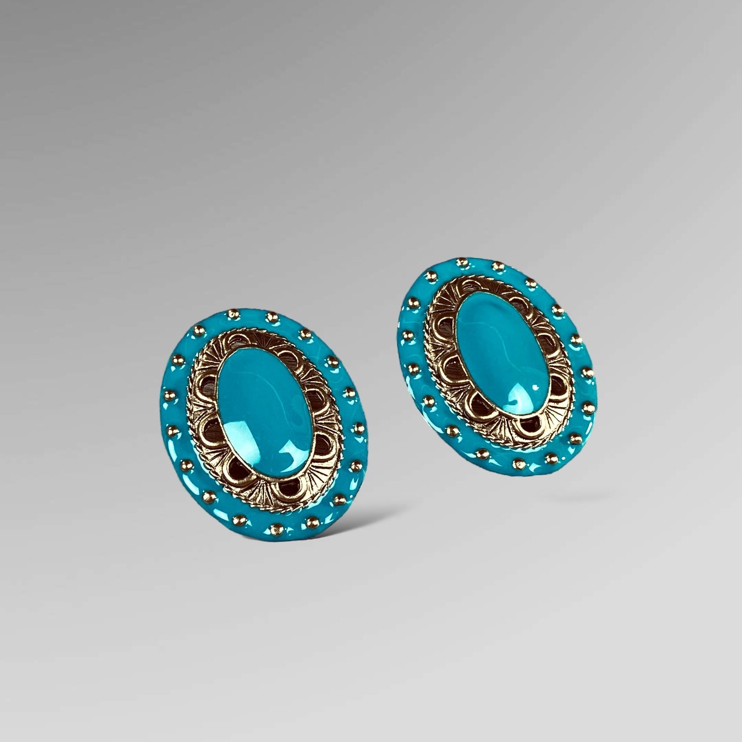 Oval Turquoise Blue Pierced Earrings with Gold Tone Back Unknown Maker