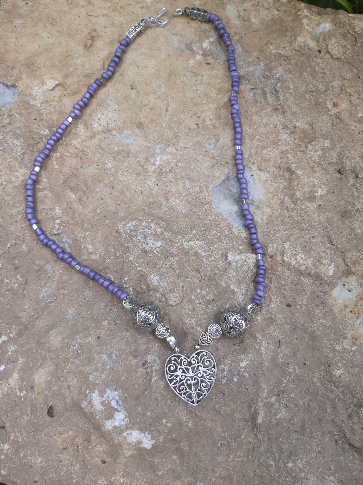 Handmade Jewelry Necklace, Metal and Glass Beads, Filigree Heart Pendant