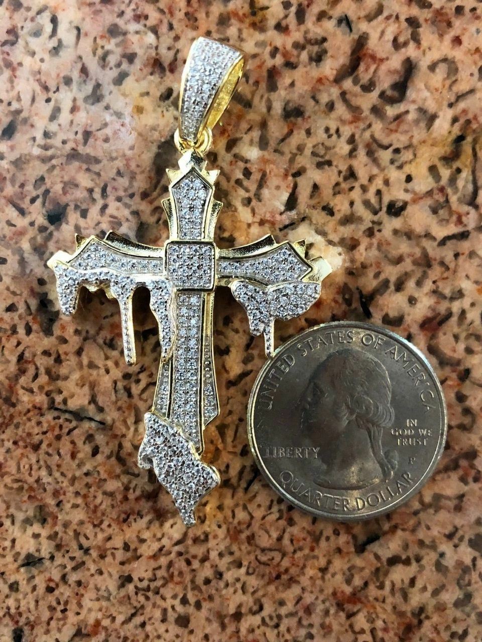 Solid 925 Sterling Silver Gold Plated Dripping Cross Mens Icy Pendant Flooded CZ