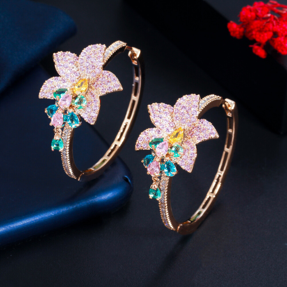 Black Gold Plated Purple CZ Large Round Dangle Drop Tassel Flower Hoop Earrings