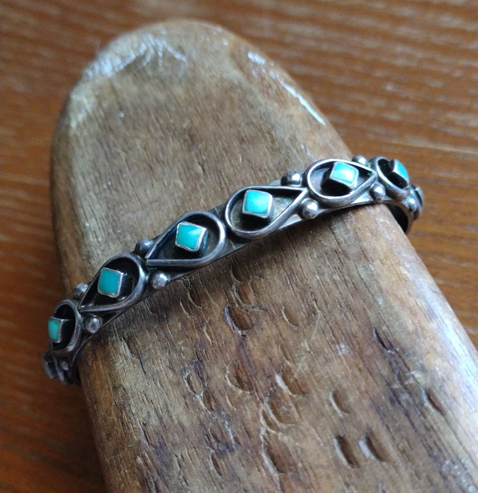 Vintage Zuni Turquoise Sterling Silver Shadowbox Cuff Bracelet Signed CACHINI