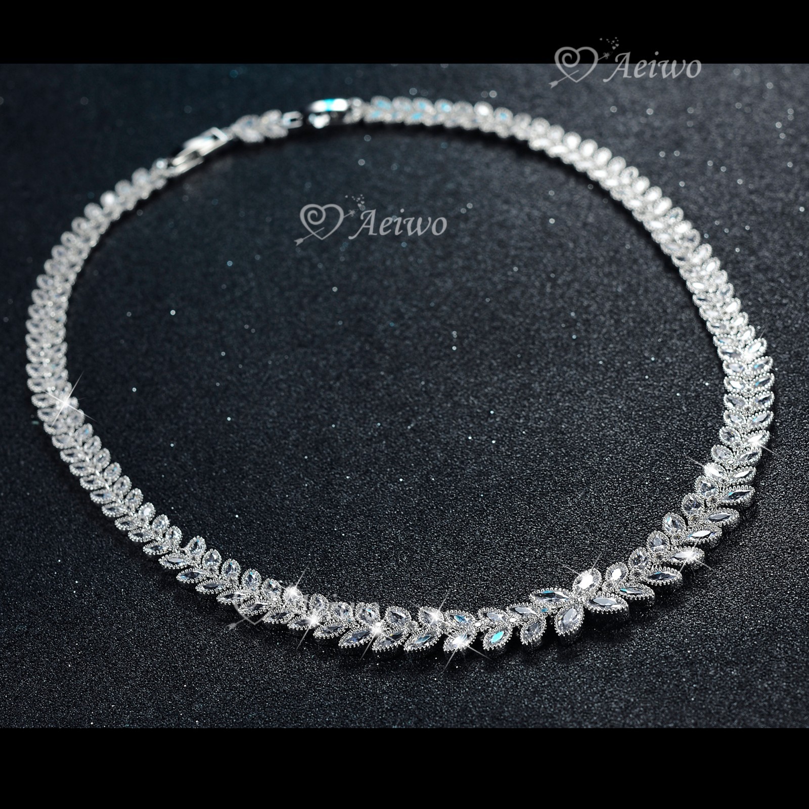 18K WHITE GOLD FILLED SIMULATED DIAMOND WEDDING PARTY NECKLACE LUXURY LEAF