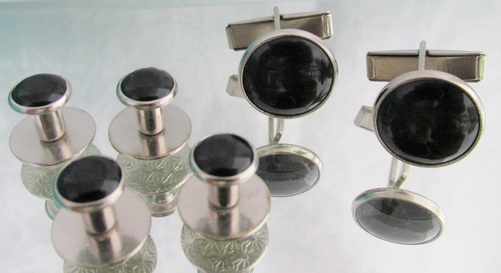 Faux Onyx Silver Plated Cufflinks + 4 Studs Set Wedding Prom Special Occasion