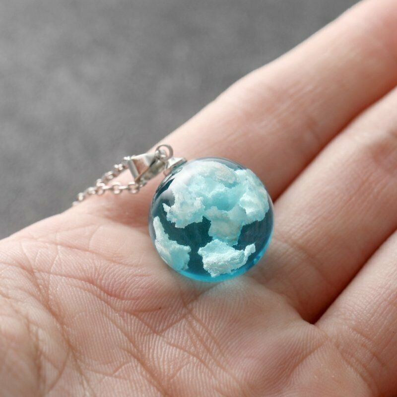 White Clouds Blue Sky Resin Glass Marble Ball Pendant Necklace Terrarium