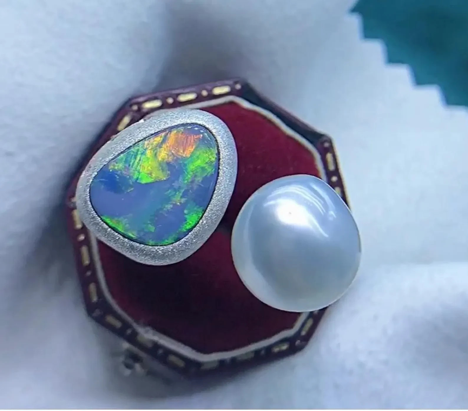 Natural Australia Doublet Opal South Sea Baroque White Pearl Ring High luster