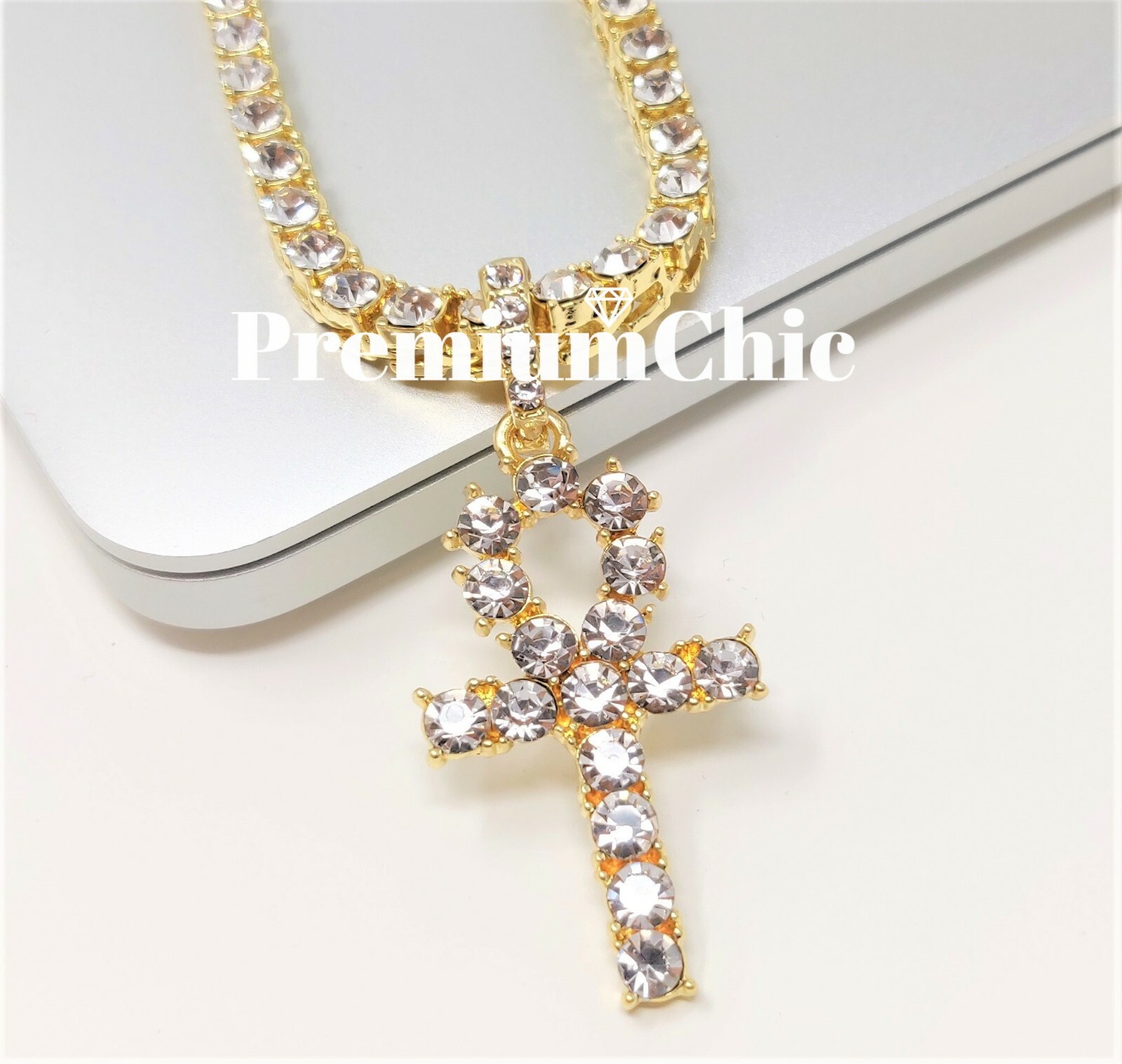 3pc Combo, ANKH Pendant + Tennis Chain + Cuban Choker Gold Plated CZ Jewelry