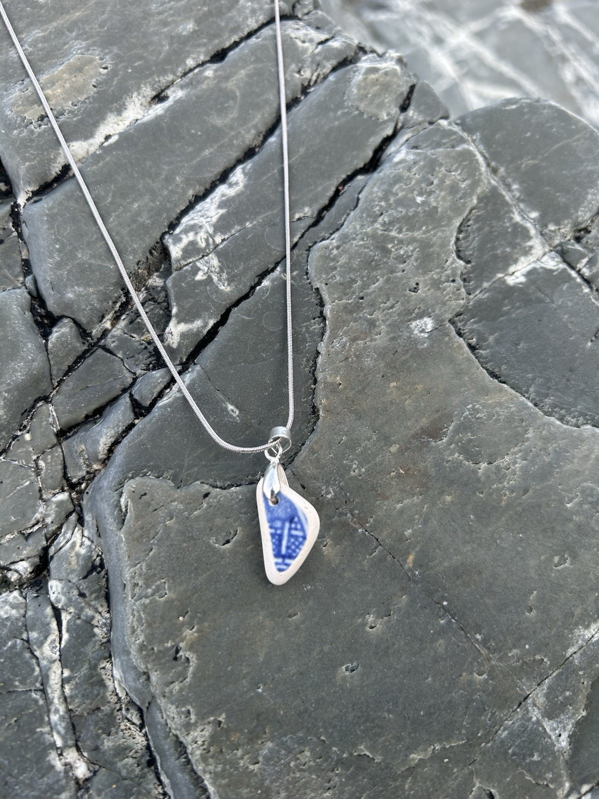 Genuine Pottery Sea Glass Necklace Stainless Steel Snake Chain 18 Inch