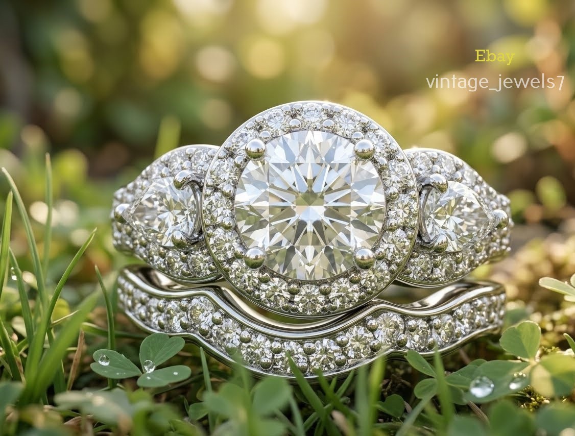 3.75CT Round Cut Lab Created Diamond Halo 3 Stone Wedding Ring Set 14K Gold Over