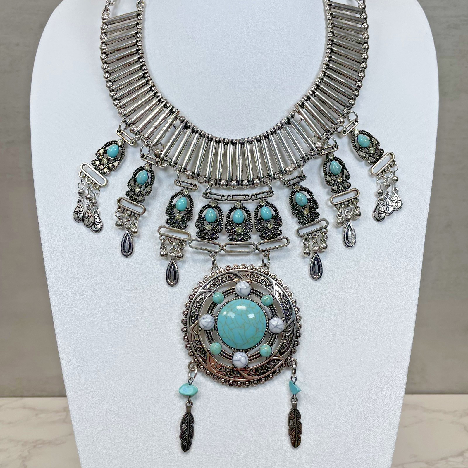 Silver Tone Faux Turquoise Matrix Statement Necklace Feather Bead Southwestern