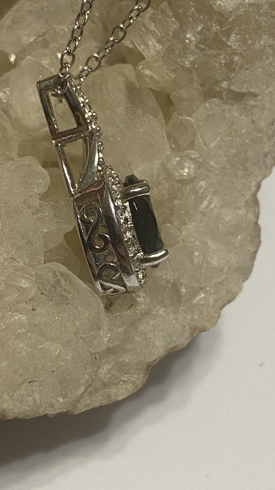 Blue And White Shapphire Sterling Sliver Pendant Necklace 18” Earrings Ring Sz 7