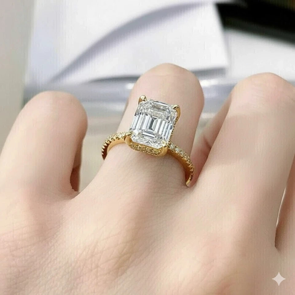 Lab Grown Diamond Ring Emerald Cut 3.7 Ct IGI Certified 14k Yellow Gold VVS E F