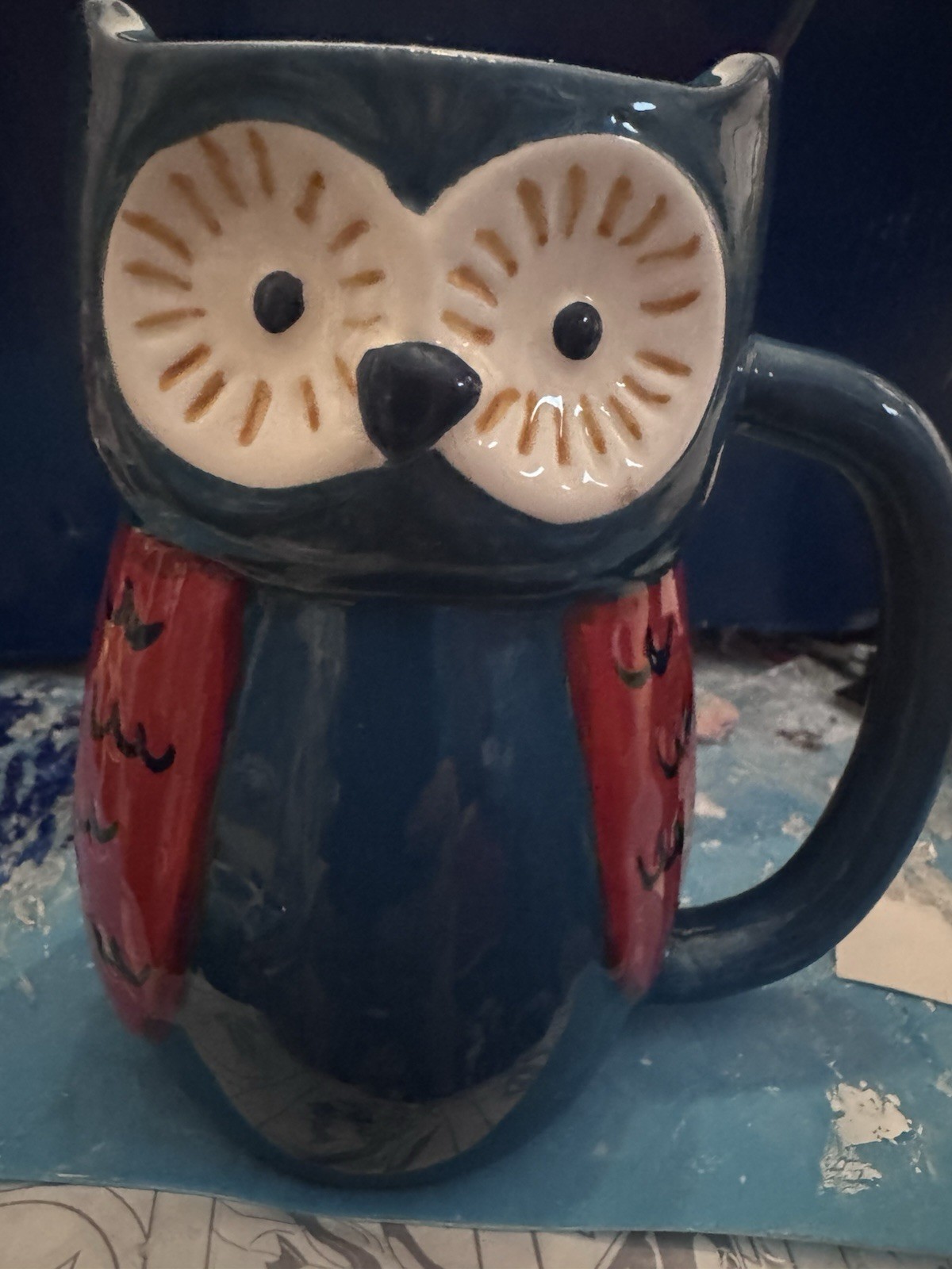 Blue Red White Ceramic Figural Owl Coffee Mug 16 fl oz Decorated 6 in