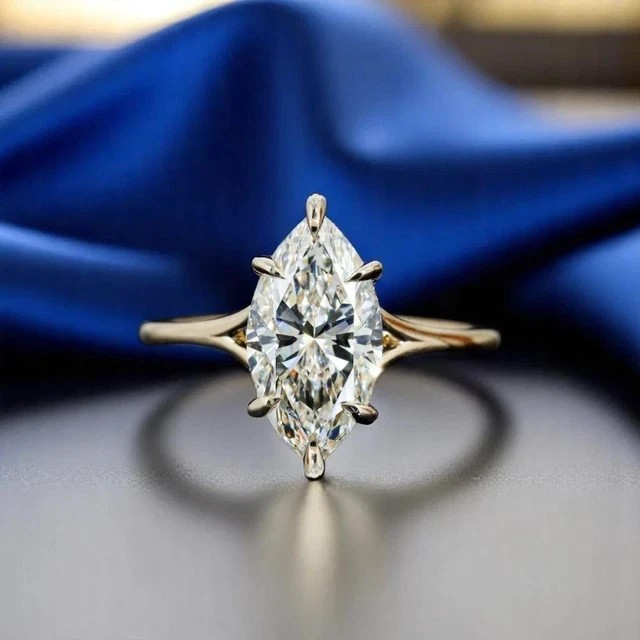 2.50 Ct Marquise Lab Created Stone Solitaire Wedding Ring 14k Yellow Gold Plated