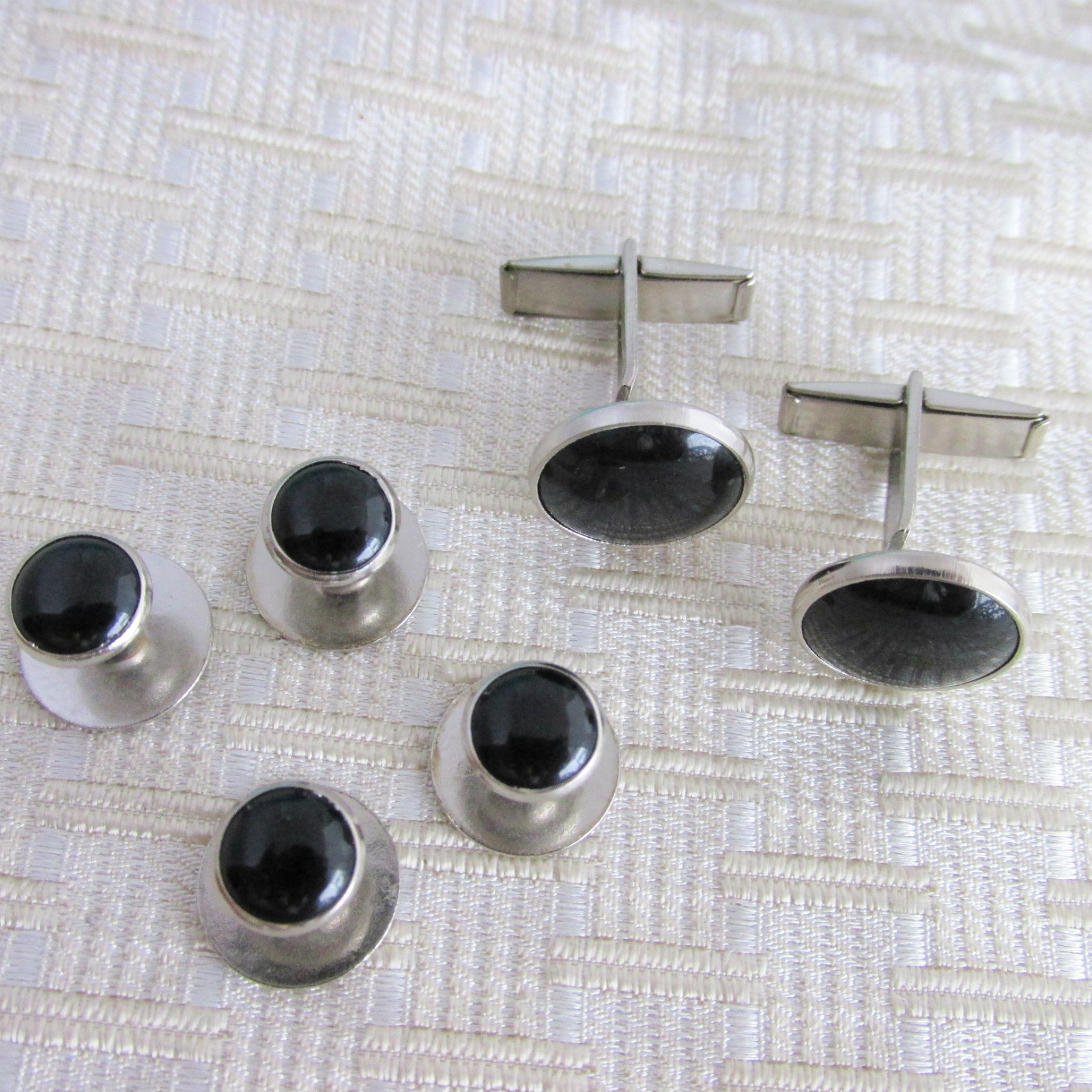 Faux Onyx Silver Plated Cufflinks + 4 Studs Set Wedding Prom Special Occasion