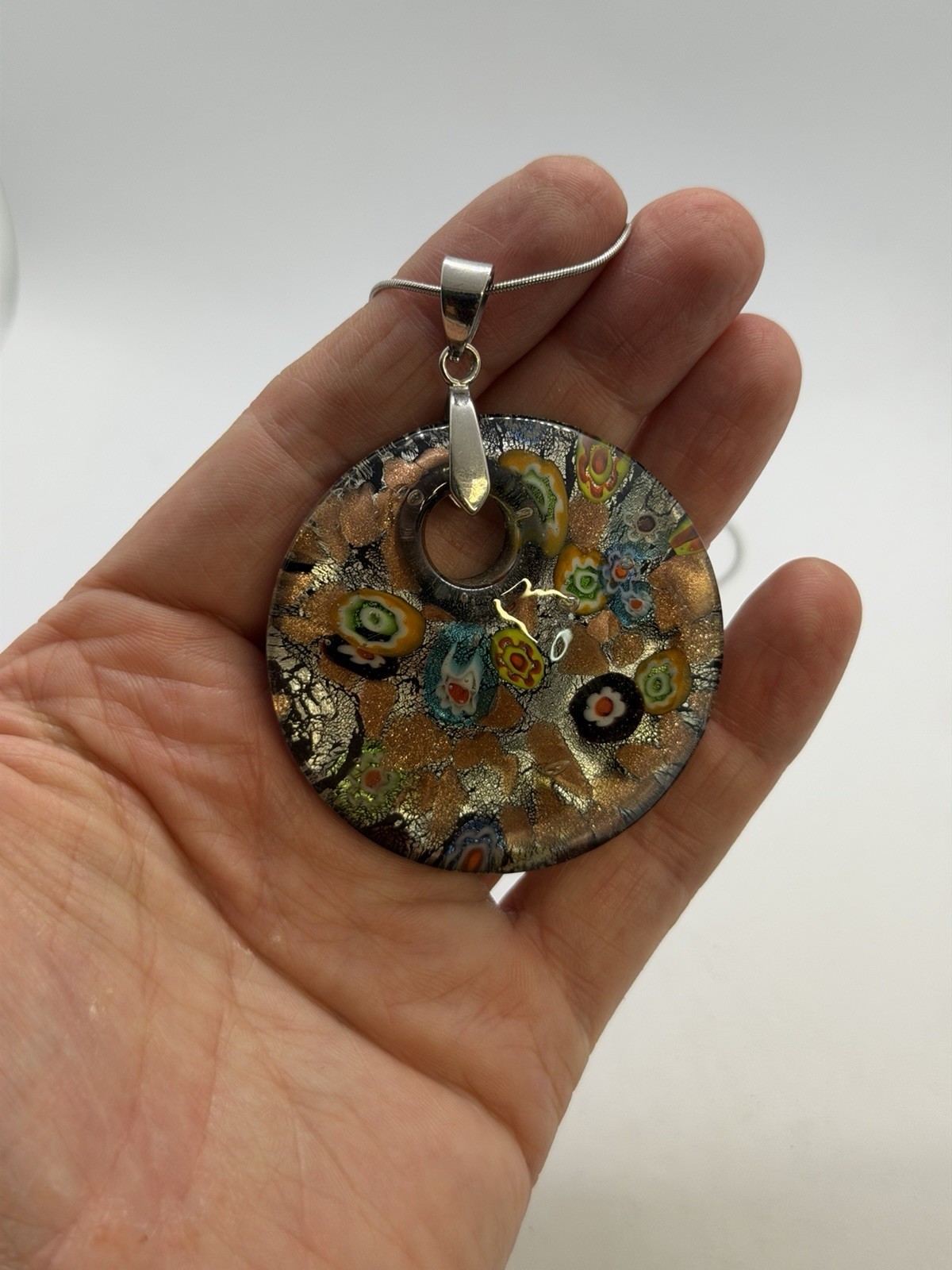 Multicolor Round Glass Pendant Charm Necklace Silver Tone Snake Chain 24in