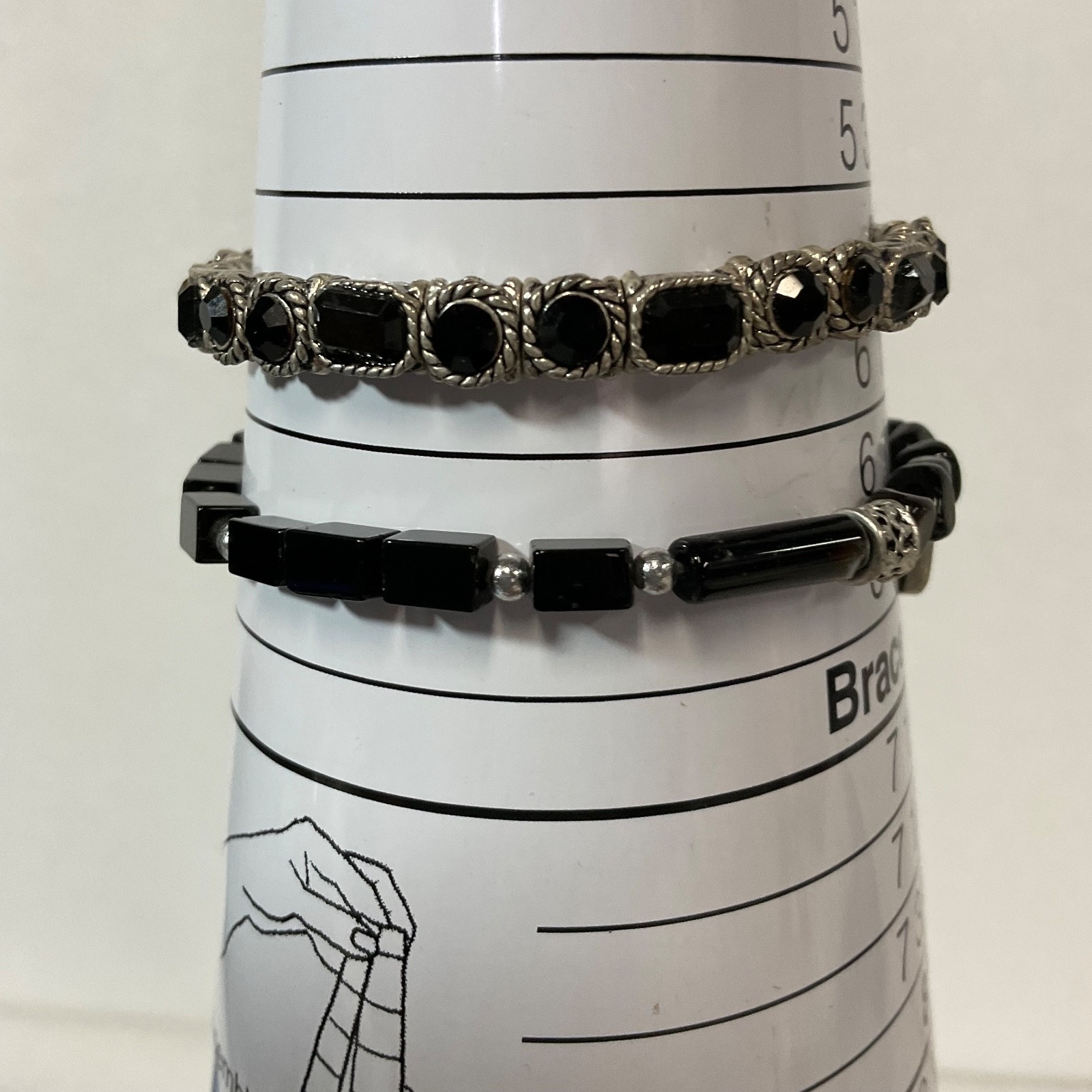6in & 6.5in Black Beaded Bracelet Pair Silver Tone Stretch Jewelry Set