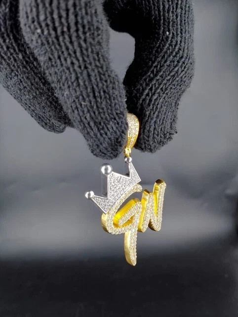 14k Yellow Gold Plated Custom Initial GN Letter Crown Pendant 2.00Ct Moissanite