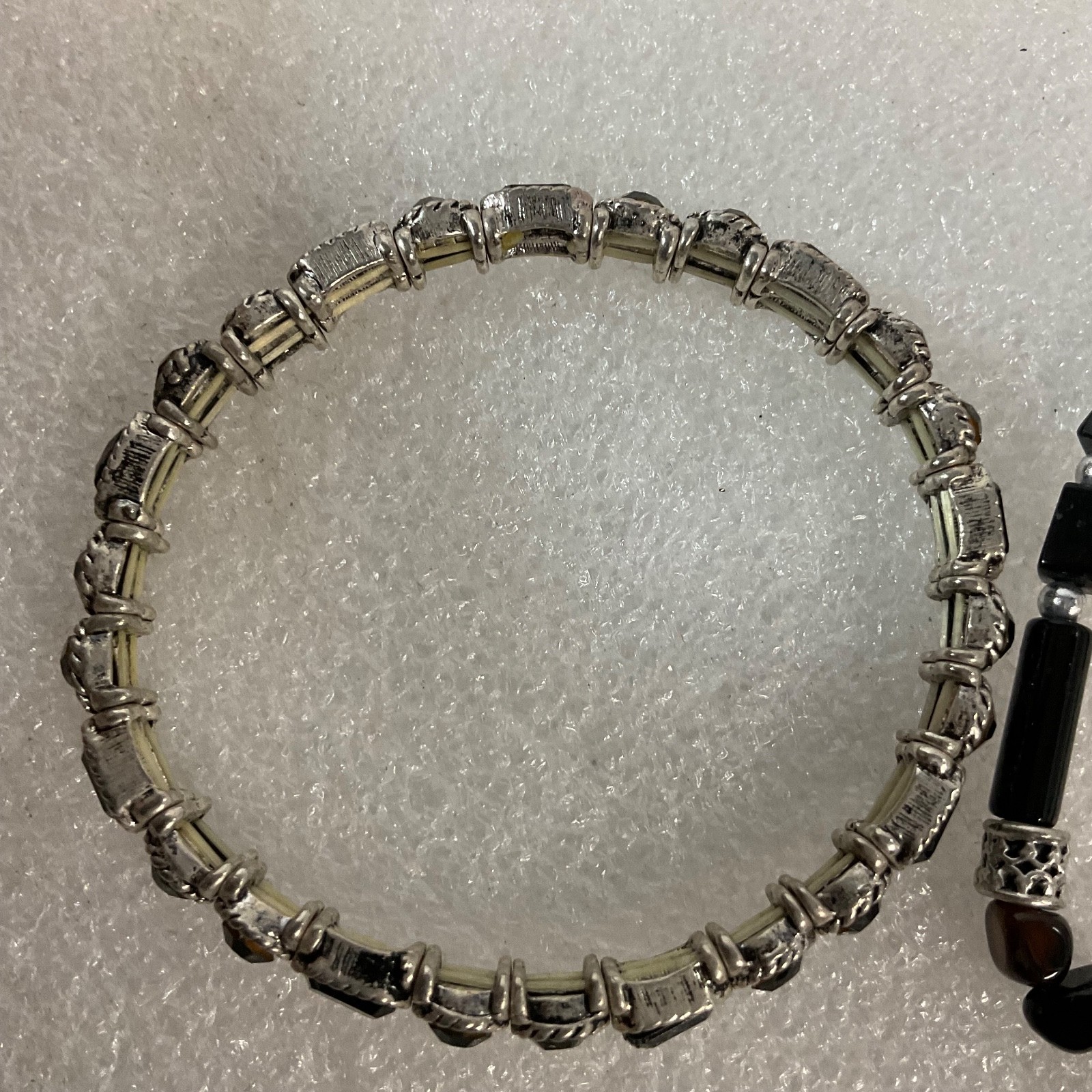 6in & 6.5in Black Beaded Bracelet Pair Silver Tone Stretch Jewelry Set
