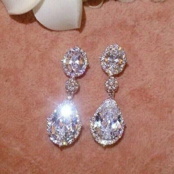 6Ct Pear Simulated Diamond Women Drop/Dangle/Hoop Earrings 925 Silver