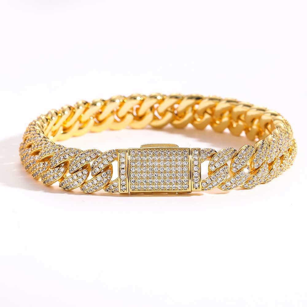 Mens Cuban Link Chain Bracelet 18K Gold Plated Stainless Steel Iced CZ Out Chain