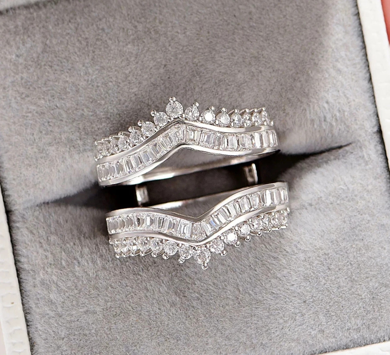Round & Baguette Lab Created Diamond Wedding Enhancer Ring 14K White Gold Plated