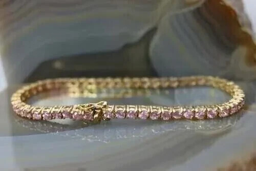 5Ct Round Lab Created Pink Sapphire Women’s Tennis Bracelet 14K Yellow Gold Over