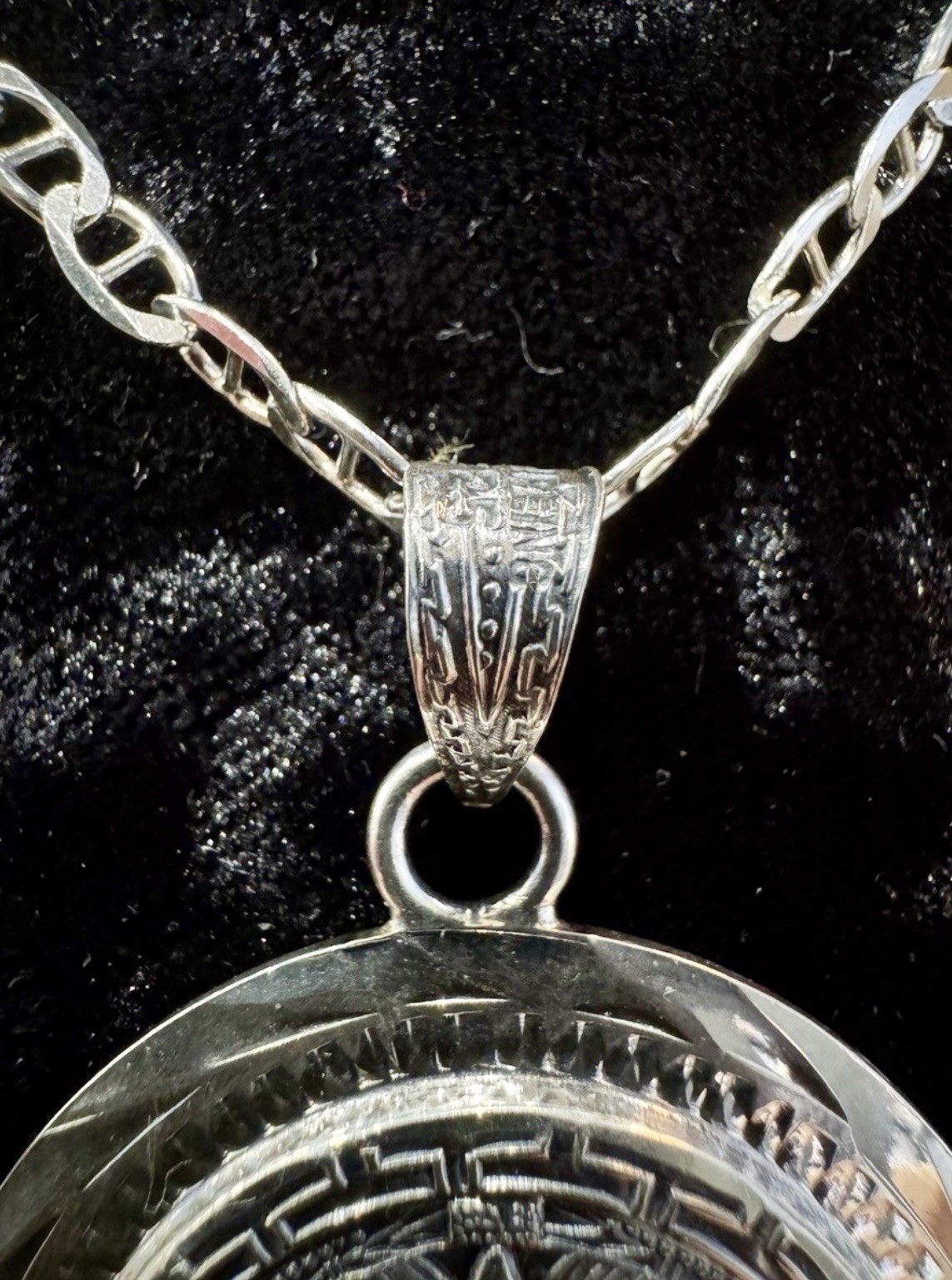 Vintage Sterling Silver 925 Aztec Calendar Cactus Pendant Necklace 22.5in, 29.5g