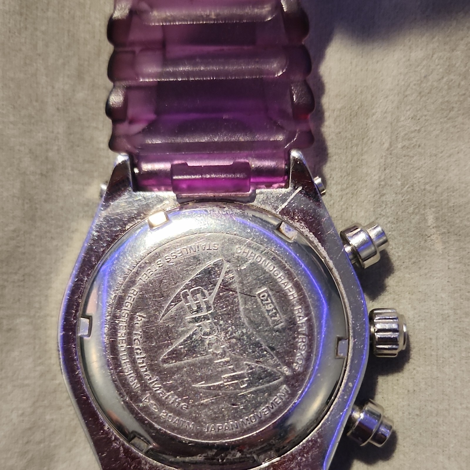 Quartz Chronograph Date Sport Watch, Silver SS Case, Purple Rubber, 50m