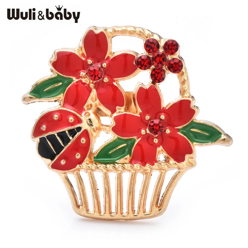 Easter Spring Ladybug Flower Basket Brooch Sparkling Rhinestone Pin Jewelry Gift