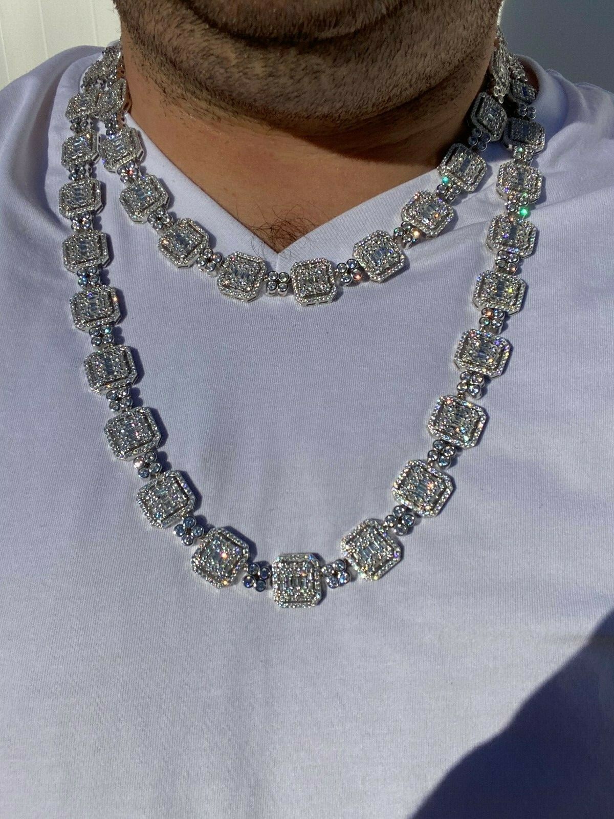925 Sterling Silver Baguette Link Chain Iced 16mm Men’s CZ Necklace Choker