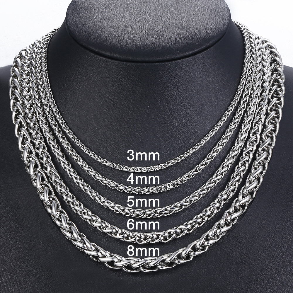 3/4/5/6/8mm Braided Wheat Chain Silver 316L Stainless Steel Men Women Necklace