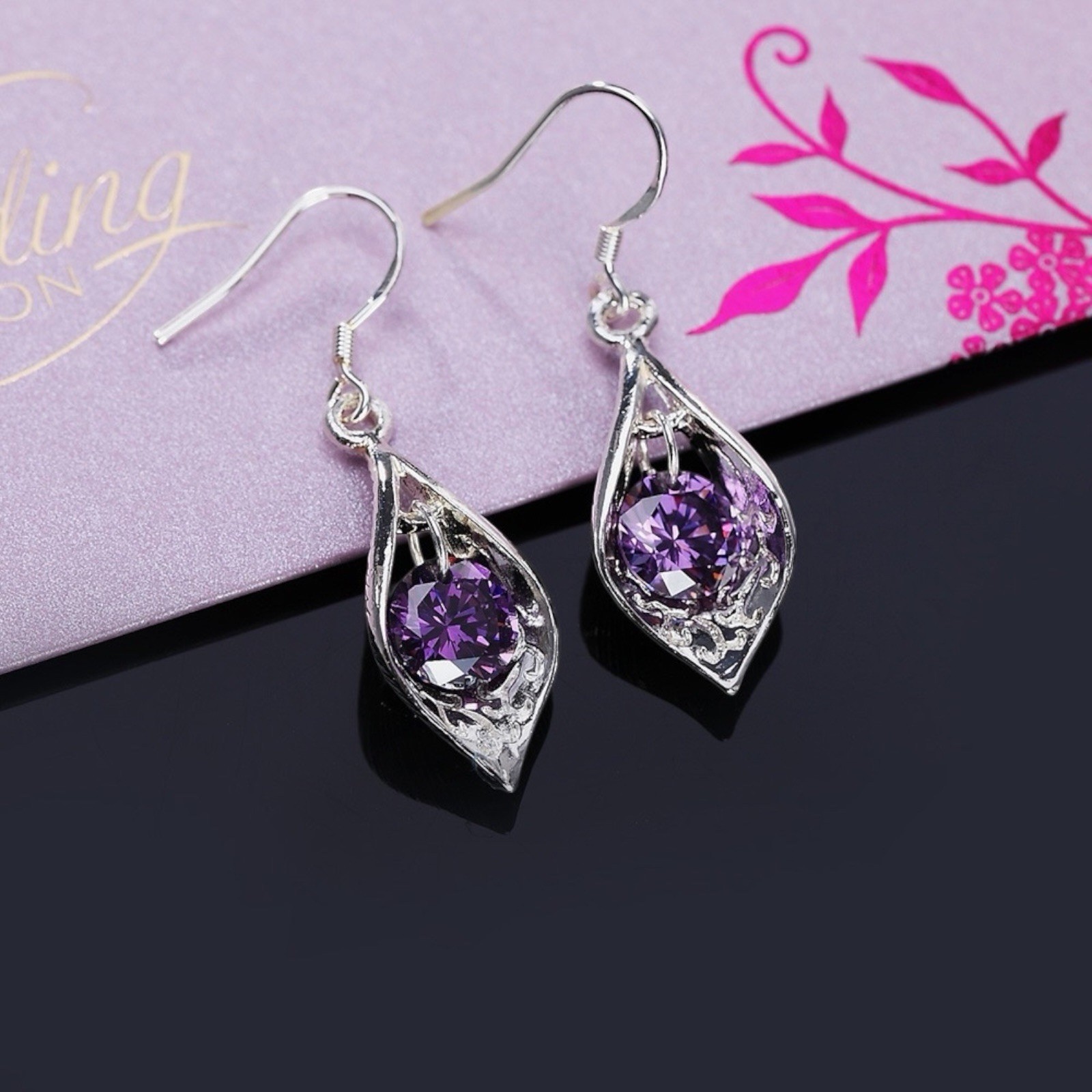 Purple CZ Crystal 925 Sterling Silver Teardrop Drop Dangle Womens Earrings A62
