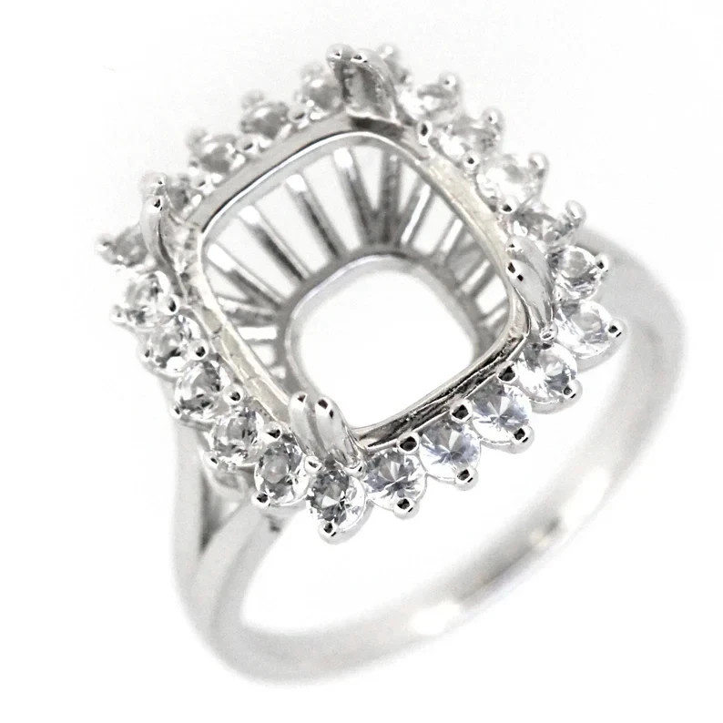 14K White Gold Over Semi Mount Ring Setting Radiant 12x10mm Halo Diamond Accent