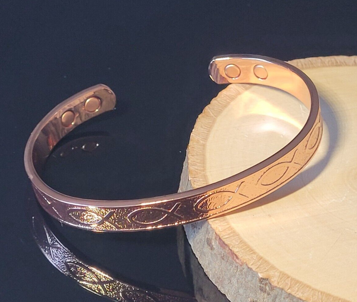 Solid Copper Magnetic Bracelet Arthritis Pain Therapy Energy Cuff Jesus Fish