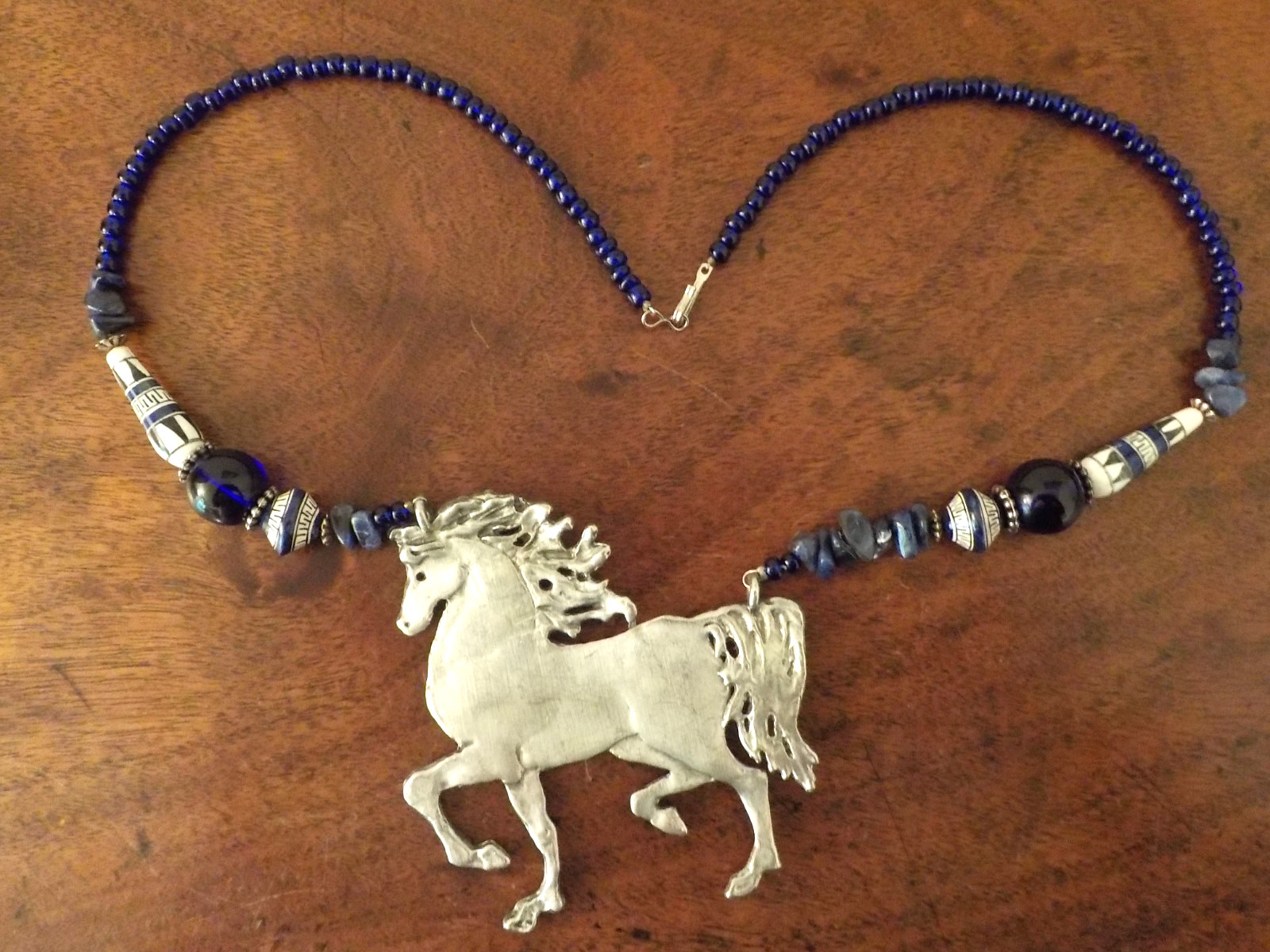 Handcrafted Cast Pewter Horse Necklace, Cobalt Blue glass and stone beads, 23″