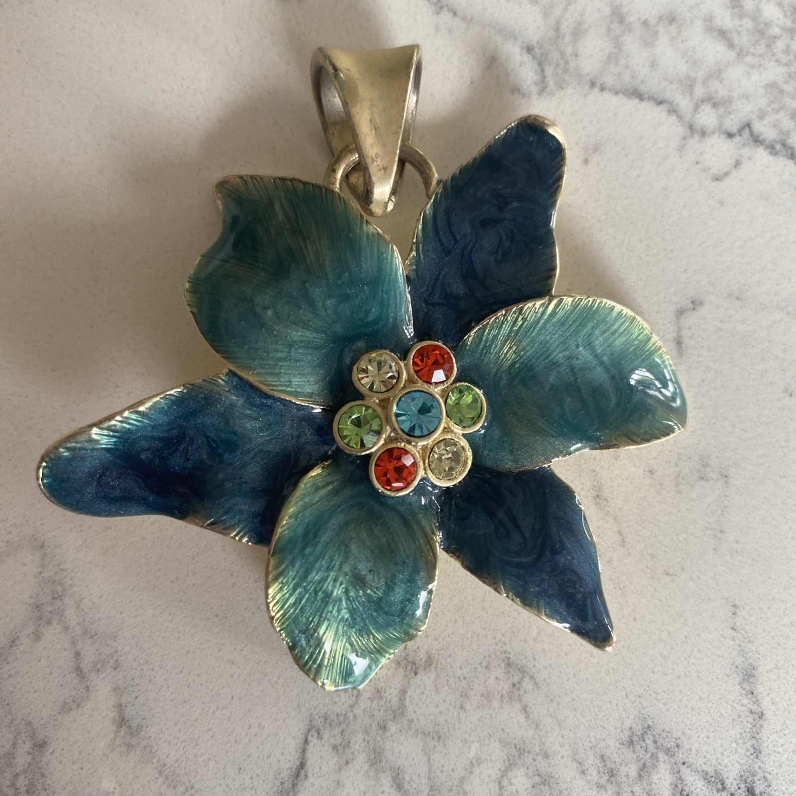 Vtg Enamel Flower Pendant – Blue Green – Gold Tone Back 7 multi color crystals