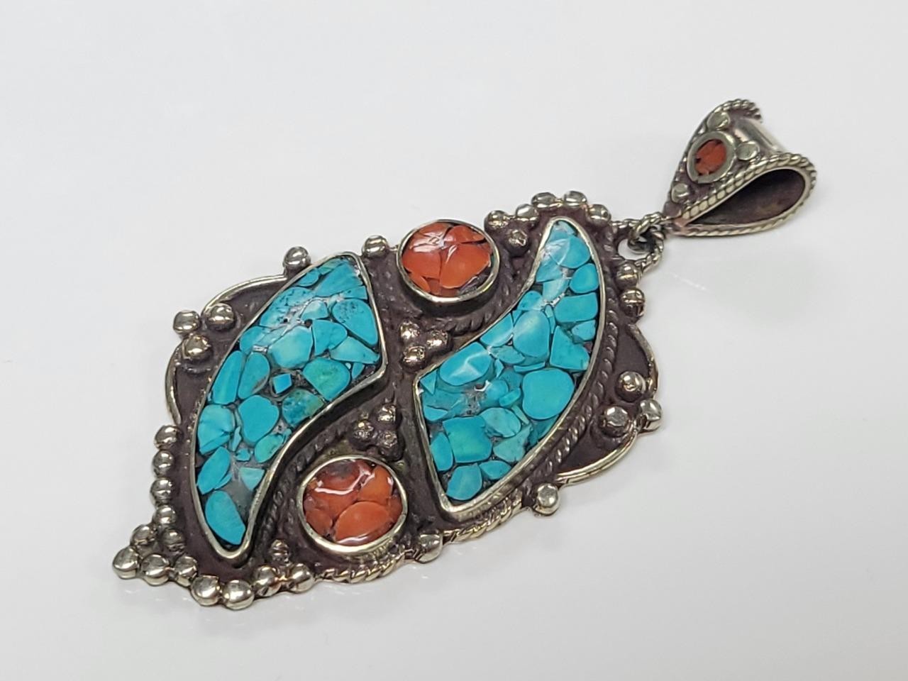 Beautiful Turquoise & Coral Sterling Silver Pendant ~ 28.5grams ~ 11-D910