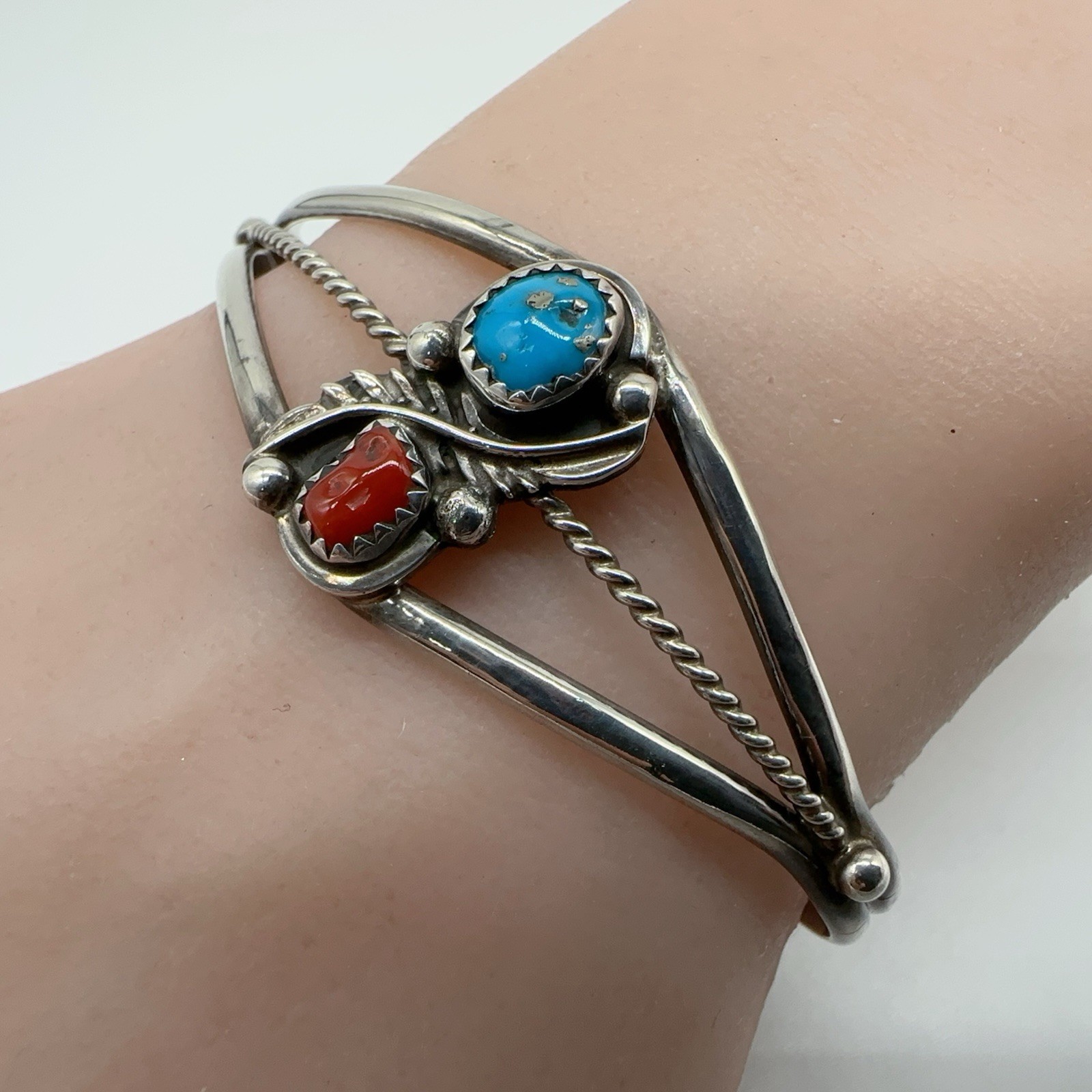 VTG Signed Native American Sterling Silver Turquoise Coral Cuff Bracelet 13g #bf