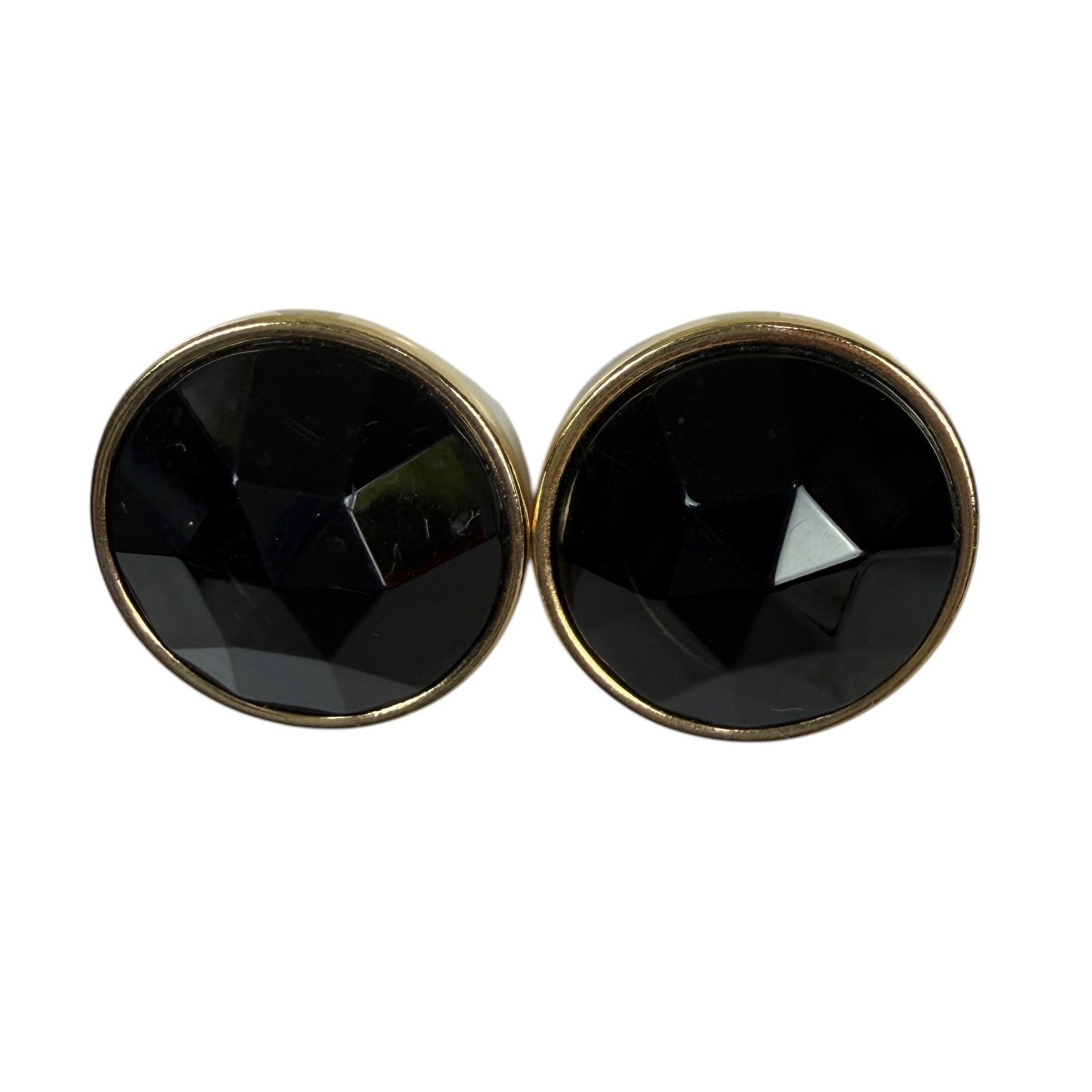 Large Round Black Faceted Stud Earrings Gold Tone Bezel Statement Jewelry 1 Inch