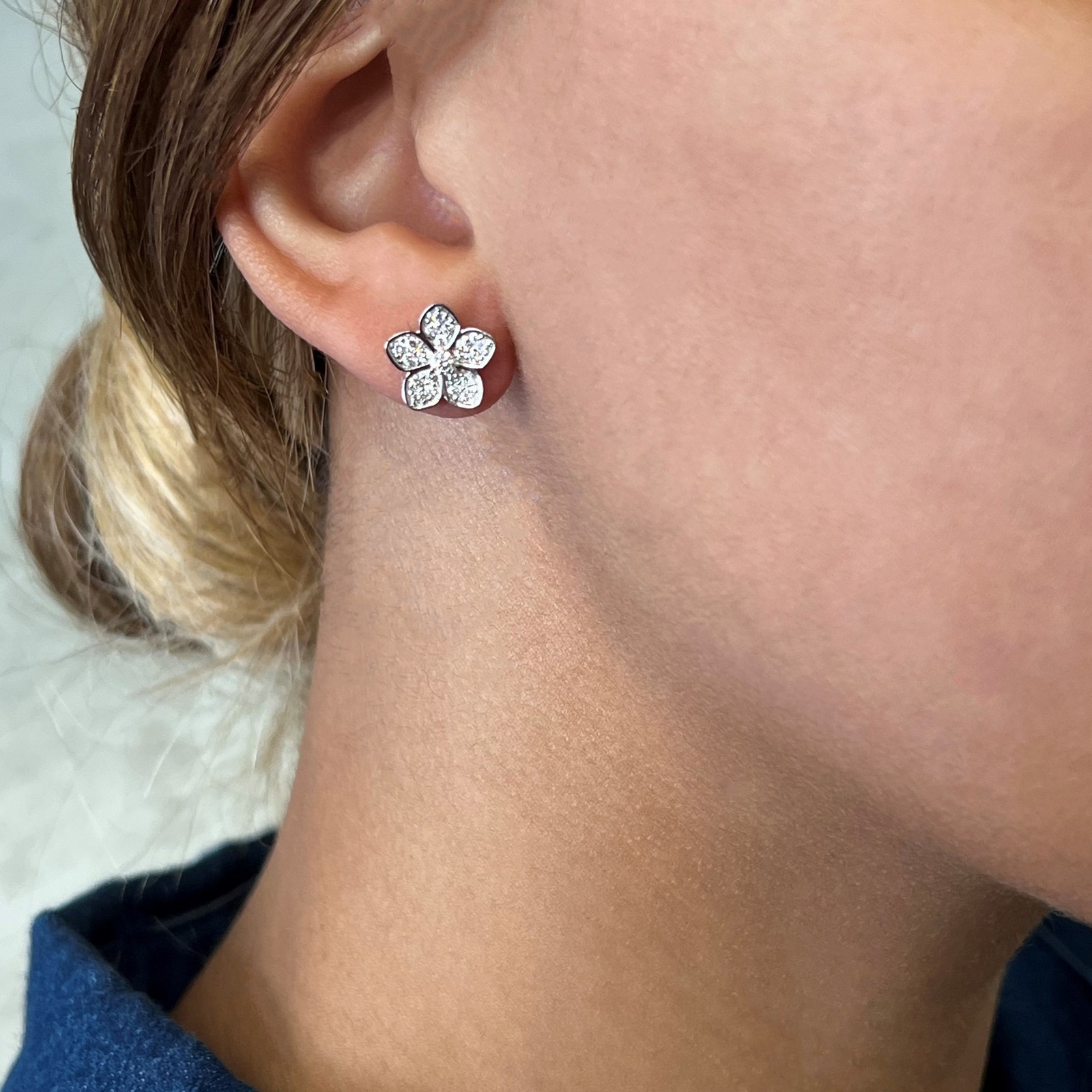 Pave Set Round Cut Diamond Flower Stud Earrings 18K White Gold 0.52Cttw