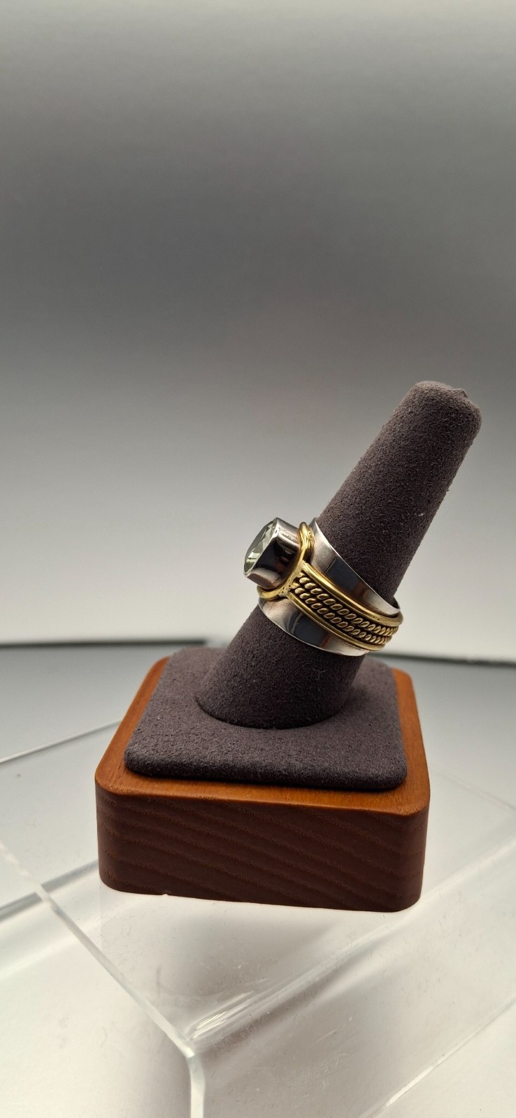 Vintage 925 Sterling Silver Brass Prasiolite Statement Ring Size 9.5 India 7.9g